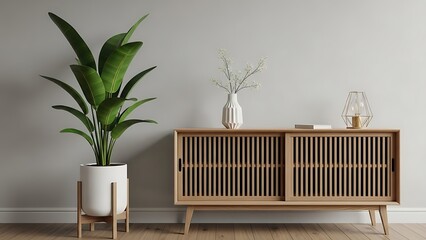 Wooden cabinet with plant and vase on in modern room