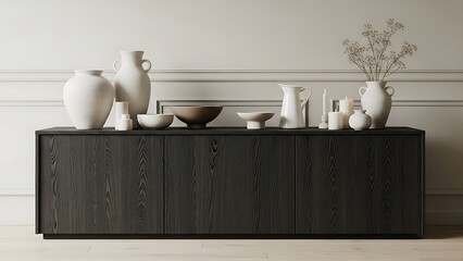 Dark wood sideboard with white ceramic vases and bowls on