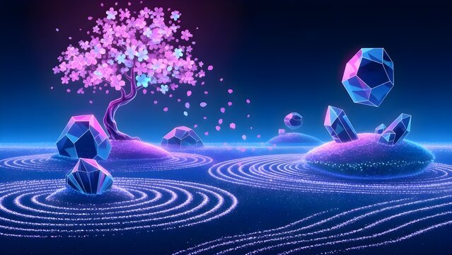 Wide angle view of a futuristic zen garden with a neon pink tree shedding glowing particles over a dark blue sand landscape with floating elements.