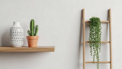 Wooden shelf with potted plants and vase home decor