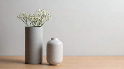 Two white vases on a wooden table with flowers home decor