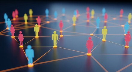 A network of diverse people icons connected by glowing lines on a dark background representing social connections
