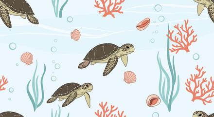 Seamless aquatic pattern featuring cute sea turtles swimming among colorful coral reefs and various seashells.