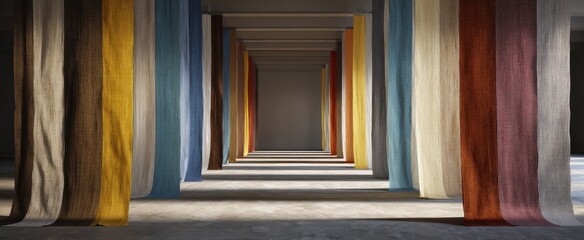 Colorful textile installation art in modern gallery space