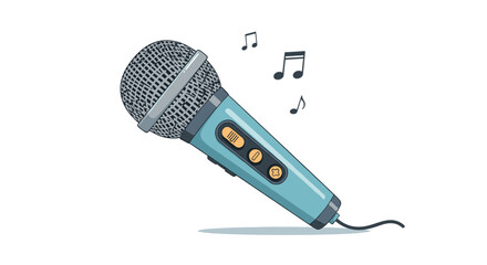 Blue handheld vocal microphone with black musical notes floating around it in a simple hand drawn illustration.