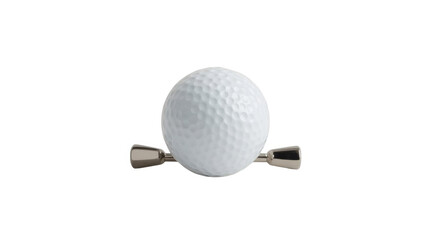 Golf ball resting on silver metal tee, isolated on white background, sports equipment, golfing accessories, close up