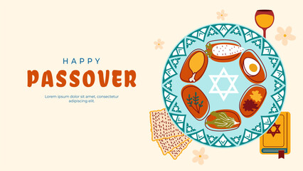 Passover, Pesach  cute festive banner. Traditional seder plate, matzo, wine and spring holiday symbols in a clean vector style. Perfect for greeting cards, invitations and holiday decoration.
