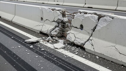 A severely damaged concrete barrier on a highway after a car crash. Close-up of a broken road divider with exposed steel rebar reinforcement