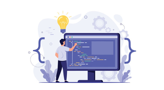 Software engineer developing computer code on a large monitor with a lightbulb idea and mechanical gears icon.