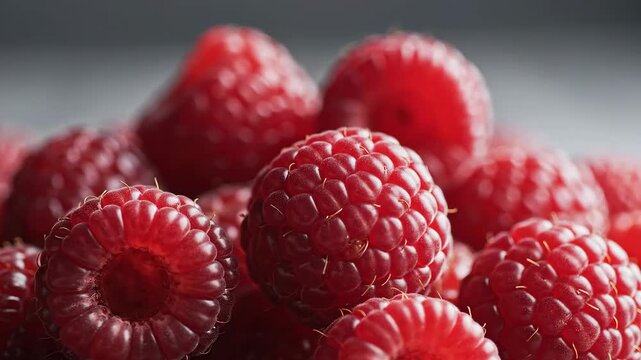 Closeup Macro Shot of Fresh Ripe Raspberries in Natural Light.