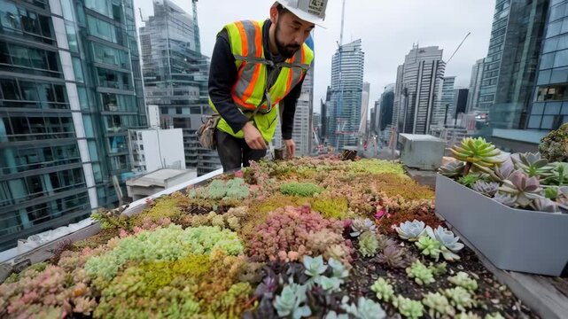Medium shot of a worker installing a lush sedum green roof showcasing dense clustered plants enhancing building insulation and urban biodiversity.