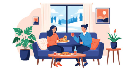 Fototapeta premium Two female friends relaxing on a blue sofa while enjoying hot pizza and drinks in a cozy living room with a snowy forest view.