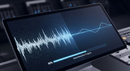 Real-time digital audio processing displayed on a modern tablet, showing active noise reduction progress to enhance sound quality and clarity for professional applications