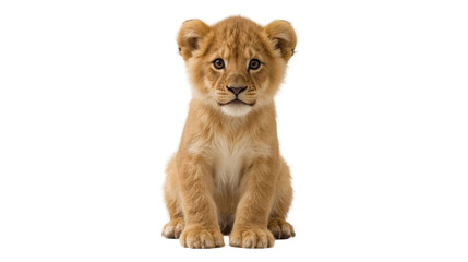 Obraz premium Cute baby lion with fluffy golden coat sitting on white background looking directly at camera with big eyes and adorable expression realistic illustration