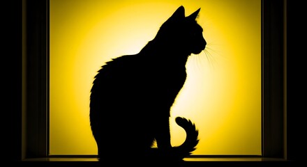 Elegant black cat in striking silhouette, bathed in a warm, radiant golden-yellow glow, creating a captivating and mysterious high-contrast visual statement