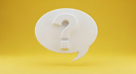 White question mark inside a speech bubble against a yellow backdrop, representing inquiry, uncertainty, or the search for an answer, problem solving