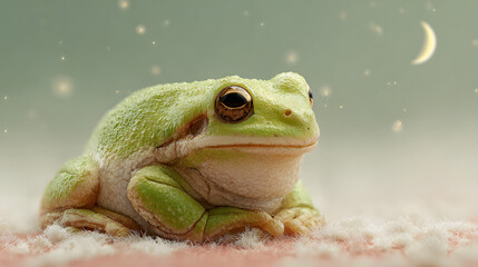 Green frog on the pastel background. 29 february leap year day concept