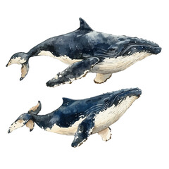 Fototapeta premium Whale Mother With Calf, watercolor vector, isolated on a white background.