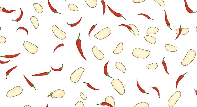 Spicy seamless pattern of vibrant red chili peppers and white garlic cloves scattered on a plain white background.