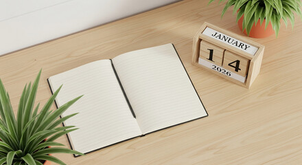 Top view of open lined notebook, wooden calendar showing January 14, 2026 and potted plant on bright wooden table, representing planning, date
