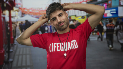 Young hispanic lifeguard smiles and mimics ears with fingers on crowded city street; lighthearted...