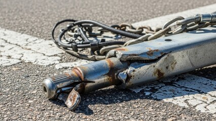 Damaged and rusted trailer tow hitch after an accident. Close-up of a mechanical failure on an asphalt road