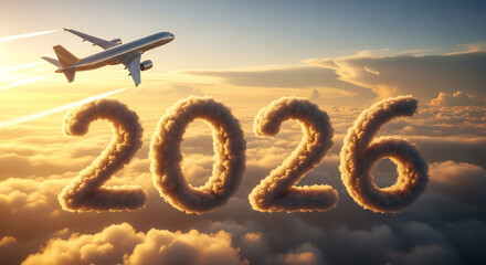 Image shows a plane flying above cloud-shaped numbers "2026", symbolizing future travel plans, aviation industry growth, and the anticipation of new experiences