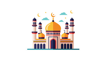 Colorful flat design illustration of a beautiful mosque with golden domes and minarets against a background with clouds and moons.
