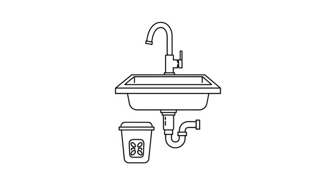 Minimalist line art of a kitchen sink with a modern faucet, drain pipe, and a small compost bin placed underneath it.