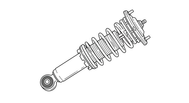Black and white technical line drawing of a complete car shock absorber and coil spring strut assembly for vehicle suspension.