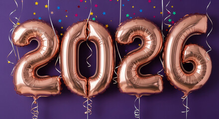 Rose gold number balloons display "2026" against purple background. Confetti stars and ribbons. Concept represents new year, anniversary, or event.