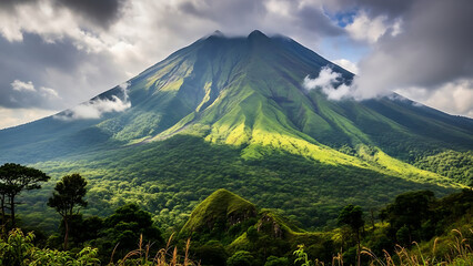 Lush green volcano under cloudy sky