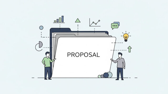 Business proposal document in a folder with charts and people concept for planning and strategy flat vector illustration for presentations