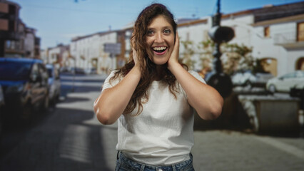 Young hispanic woman in white t shirt smiling with palms up and hands near head on a sunlit street;...