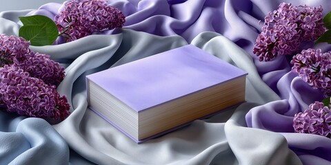 book mockup on crinkled white linen, surrounded by soft lavender silk scraps