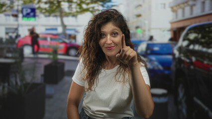 Fototapeta premium Woman pointing finger at camera on street while smiling and touching cheek with hand, wearing white t shirt and jeans; confidence.