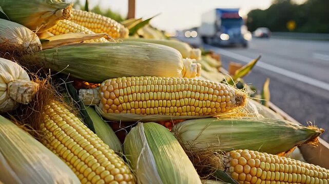 Fresh Corn Harvested and Ready for Sale on the Roadside.