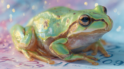 Green frog on the pastel background. 29 february leap year day concept