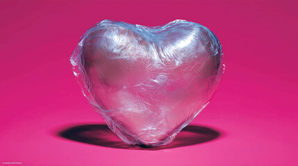 Conceptual image of a heart shape encased in reflective wrinkled plastic film against a vibrant, high-contrast magenta background suggesting themes of preserved feeling or delicate, protected affectio