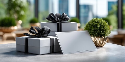 Blank card mockup resting on matte white gift boxes with black thin ribbons. Card is sharp, background is a blurred minimalist office studio