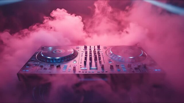 Electronic music controller sits bathed in vivid pink vapor, emitting bright blue light, preparing for an immersive sonic experience, powerful rhythms, and dynamic audio.