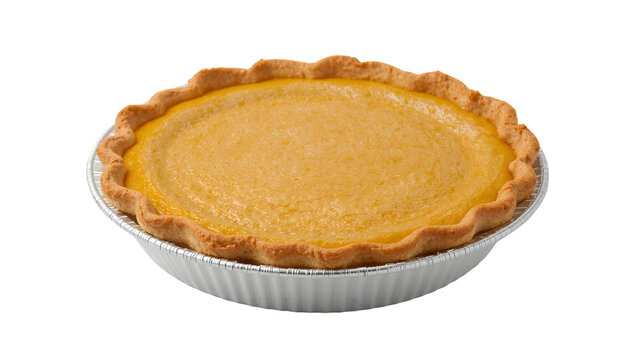 Pumpkin pie in disposable aluminum tin with golden crust, classic dessert for thanksgiving, autumn, and holiday gatherings, isolated on the transparent background