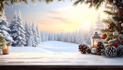 Winter landscape with empty wooden table and holiday decor