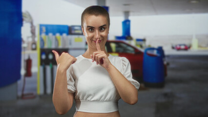 Woman pointing thumb over shoulder at gas station on a street wearing white crop top and smirking  playful confidence. © Krakenimages.com