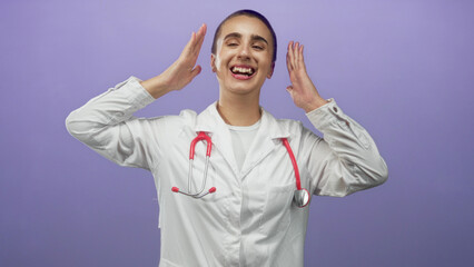 Woman doctor with stethoscope raises hands near head showing teeth and wide smile in studio white coat; joyful playfulness.