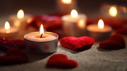 Romantic tea light candles and red glitter hearts on a textured surface