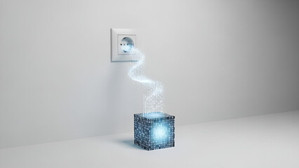 Digital data energy flowing from a power outlet into a glowing code cube.