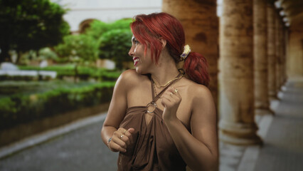 Woman with bare shoulders smiling with eyes closed and hands clasped near chest in a building colonnade; joyful celebration.