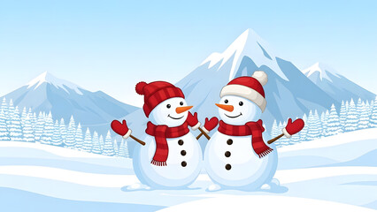 Fototapeta premium Two snowmen wearing hats and scarves and smiling in a winter landscape with a mountain range with snow-covered trees. 