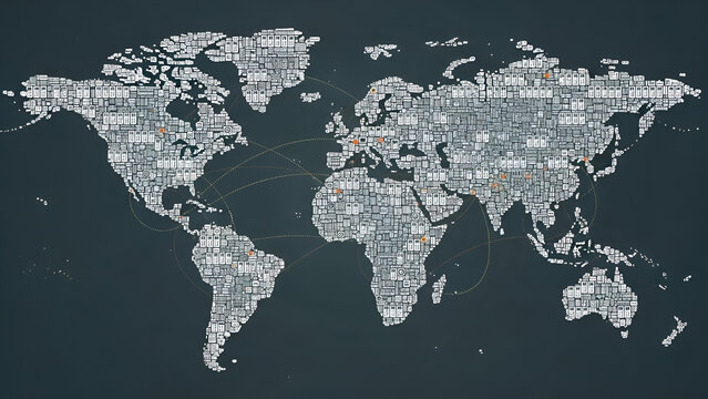 Urbanized world map mosaic illustrating global communication and data network. - Powered by Adobe
